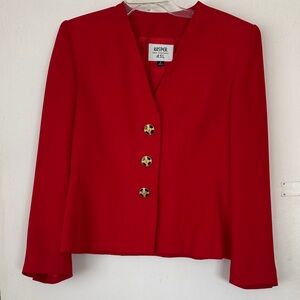 Kasper Women's Vibrant Red Collarless Cropped Fitted Blazer. Size 6